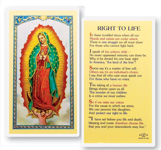 Our Lady of Guadalupe Right to Life Laminated Prayer Card - 25 Cards Per Pack .80 per card