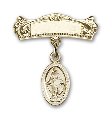 Pin Badge with Blue Miraculous Charm and Arched Polished Engravable Badge Pin - 14K Solid Gold