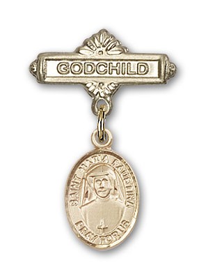 Pin Badge with St. Maria Faustina Charm and Godchild Badge Pin - Gold Tone