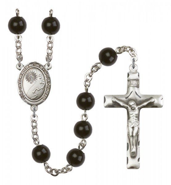 Men's Footprints Cross Silver Plated Rosary - Black