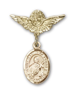 Pin Badge with St. Martin de Porres Charm and Angel with Smaller Wings Badge Pin - 14K Solid Gold