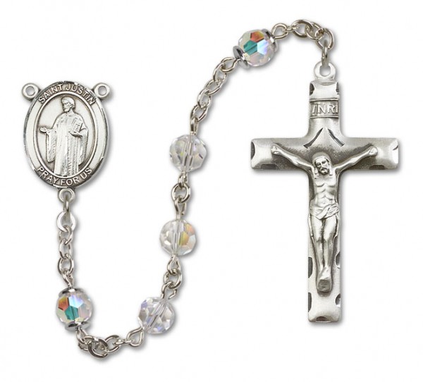 St. Justin Sterling Silver Heirloom Rosary Squared Crucifix - Crystal