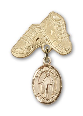 Pin Badge with St. Justin Charm and Baby Boots Pin - Gold Tone