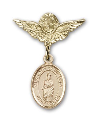 Pin Badge with Our Lady of Victory Charm and Angel with Smaller Wings Badge Pin - Gold Tone