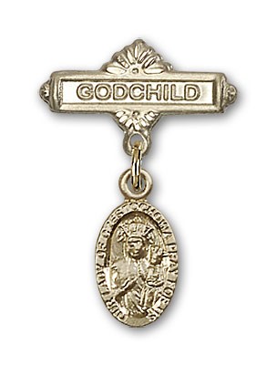 Baby Badge with Our Lady of Czestochowa Charm and Godchild Badge Pin - Gold Tone