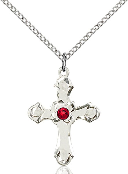 Medium Budded Cross Pendant with Etched Border Birthstone Options - Ruby Red