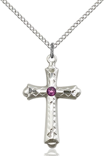 Matte Cross Pendant with Diamond Etching Birthstone Options - Amethyst