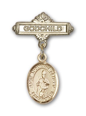 Pin Badge with St. Augustine of Hippo Charm and Godchild Badge Pin - 14K Solid Gold