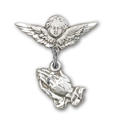 Baby Pin with Praying Hands Charm and Angel with Smaller Wings Badge Pin - Silver tone