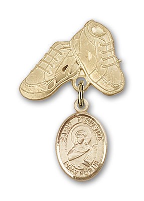 Pin Badge with St. Perpetua Charm and Baby Boots Pin - Gold Tone