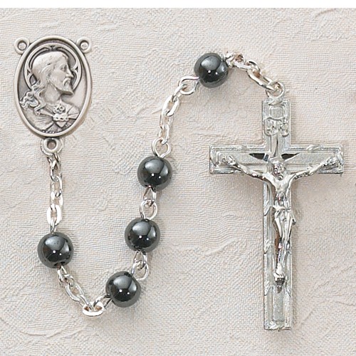 Hematite First Communion Sacred Heart Rosary - Rhodium - Gray