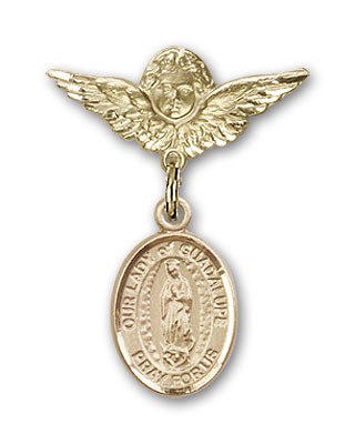 Pin Badge with Our Lady of Guadalupe Charm and Angel with Smaller Wings Badge Pin - Gold Tone