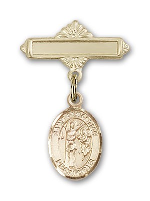 Pin Badge with St. Sebastian Charm and Polished Engravable Badge Pin - Gold Tone