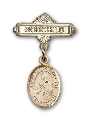 Pin Badge with St. Maria Goretti Charm and Godchild Badge Pin - Gold Tone