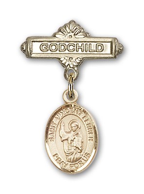 Pin Badge with St. Vincent Ferrer Charm and Godchild Badge Pin - Gold Tone