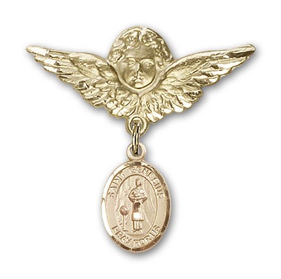 Pin Badge with St. Genesius of Rome Charm and Angel with Larger Wings Badge Pin - Gold Tone