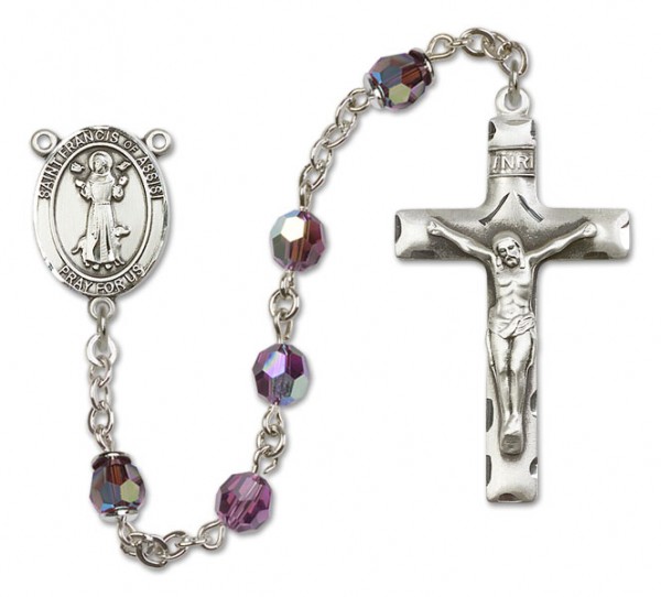 St. Francis of Assisi Sterling Silver Heirloom Rosary Squared Crucifix - Amethyst