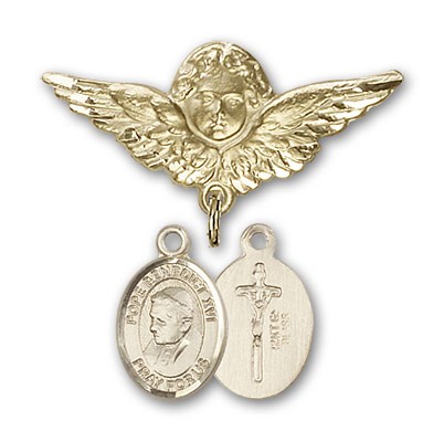 Pin Badge with Pope Benedict XVI Charm and Angel with Larger Wings Badge Pin - Gold Tone