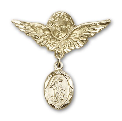Baby Pin with Guardian Angel Charm and Angel with Larger Wings Badge Pin - Gold Tone