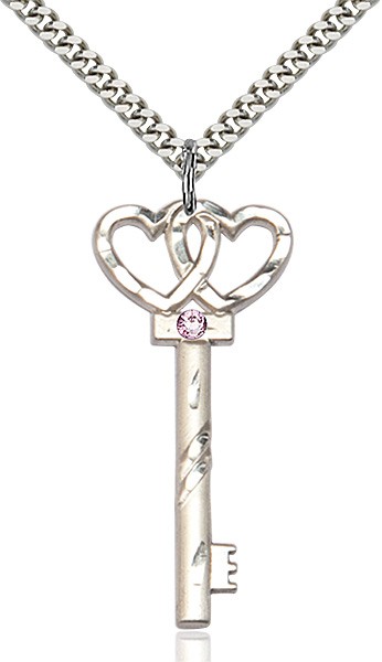 Larger Double Hearts Key Pendant with Birthstone - Light Amethyst