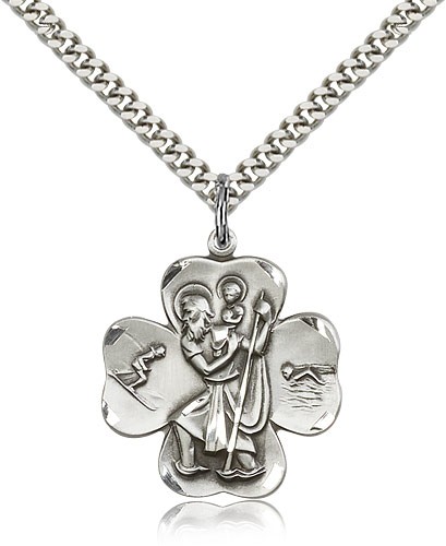 Swimmer Skier St. Christopher Clover Necklace - Sterling Silver