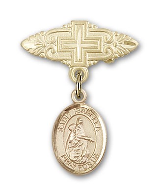 Pin Badge with St. Isabella of Portugal Charm and Badge Pin with Cross - Gold Tone