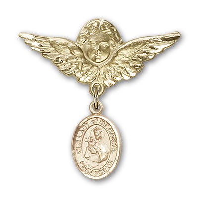 Pin Badge with Our Lady of Mount Carmel Charm and Angel with Larger Wings Badge Pin - Gold Tone