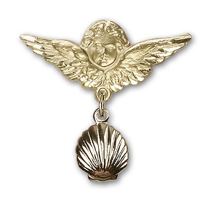 Baby Pin with Shell Charm and Angel with Larger Wings Badge Pin - 14K Solid Gold