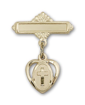 Pin Badge with Cross Charm and Polished Engravable Badge Pin - Gold Tone