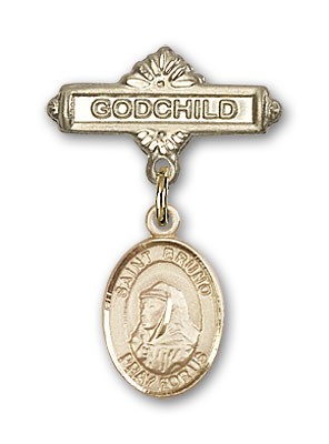 Pin Badge with St. Bruno Charm and Godchild Badge Pin - 14K Solid Gold