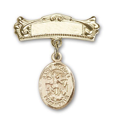 Pin Badge with St. Michael the Archangel Charm and Arched Polished Engravable Badge Pin - Gold Tone