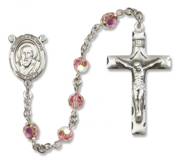 St. Francis de Sales Sterling Silver Heirloom Rosary Squared Crucifix - Light Rose