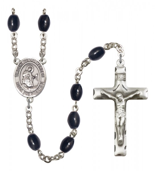 Men's Virgen de la Merced Silver Plated Rosary - Black Oval