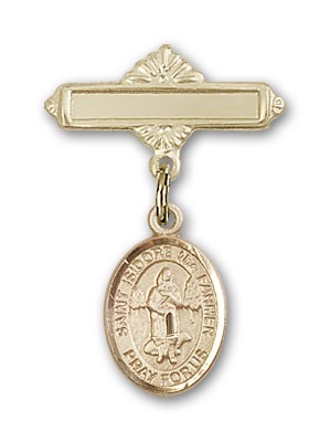 Pin Badge with St. Isidore the Farmer Charm and Polished Engravable Badge Pin - Gold Tone