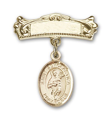 Pin Badge with St. Scholastica Charm and Arched Polished Engravable Badge Pin - 14K Solid Gold