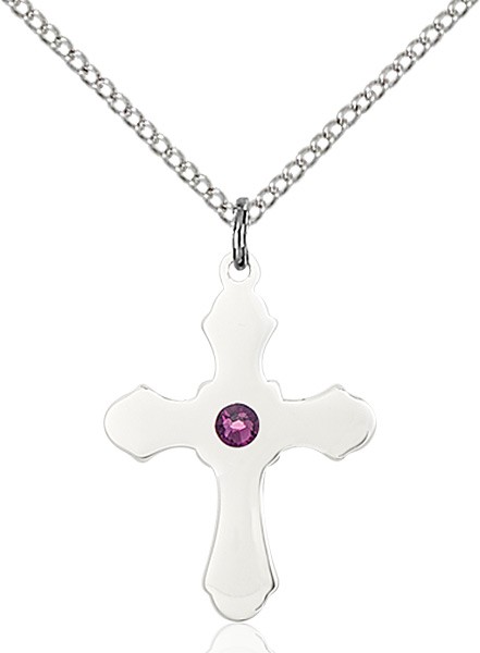 Medium High Polished Soft Edge Cross Pendant with Birthstone Options - Amethyst