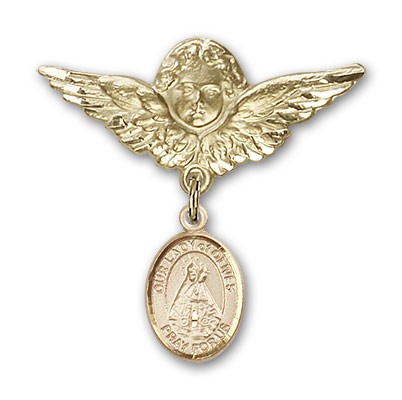 Pin Badge with Our Lady of Olives Charm and Angel with Larger Wings Badge Pin - Gold Tone