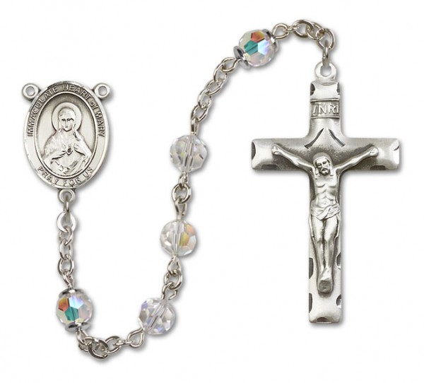 Immaculate Heart of Mary Sterling Silver Heirloom Rosary Squared Crucifix - Crystal