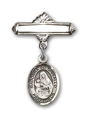 Pin Badge with St. Madonna Del Ghisallo Charm and Polished Engravable Badge Pin - Silver tone