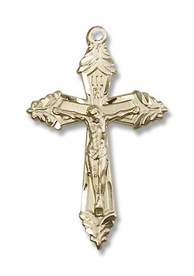 Men's Leafy Tip Crucifix Medal - 14K Solid Gold