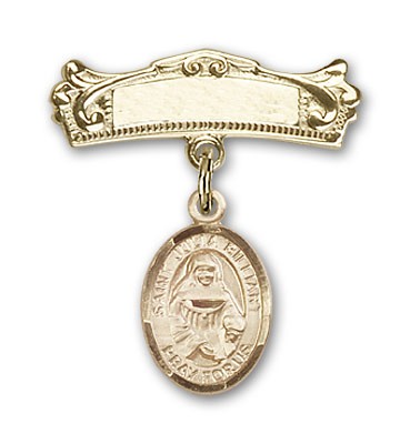 Pin Badge with St. Julia Billiart Charm and Arched Polished Engravable Badge Pin - Gold Tone