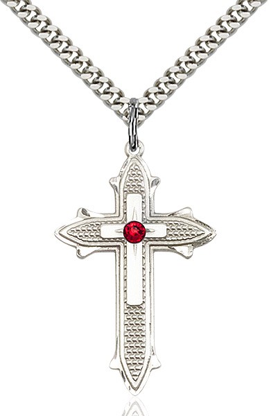 Large Women's Polished and Textured Cross Pendant with Birthstone Option - Ruby Red