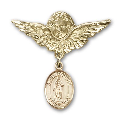 Pin Badge with St. Barbara Charm and Angel with Larger Wings Badge Pin - 14K Solid Gold