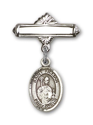 Pin Badge with St. Kilian Charm and Polished Engravable Badge Pin - Silver tone