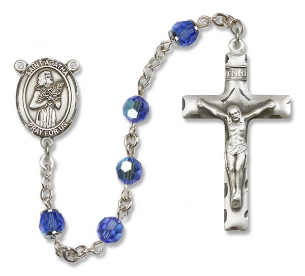St. Agatha Sterling Silver Heirloom Rosary Squared Crucifix - Sapphire