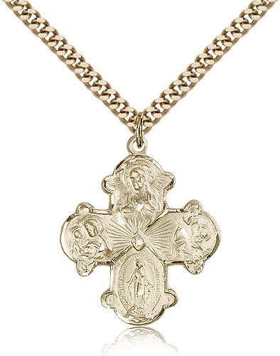 Men's Wide Tip Four Way Medal with Radiant Heart Center - 14KT Gold Filled