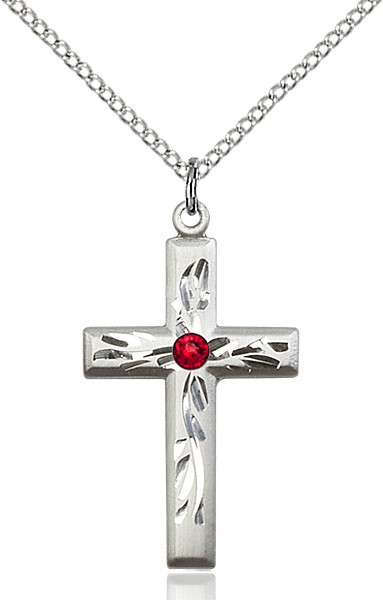 Squared Edge Cross with Vine Etching with Birthstone Options - Ruby Red