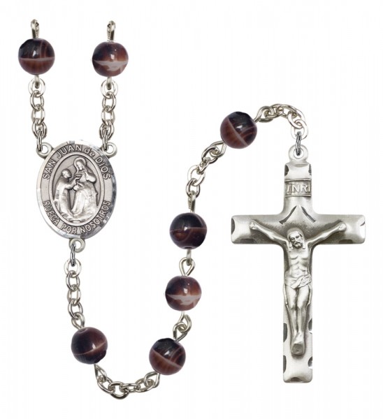 Men's San Juan de Dios Silver Plated Rosary - Brown