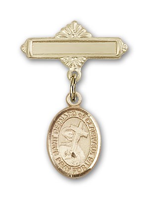 Pin Badge with St. Bernard of Clairvaux Charm and Polished Engravable Badge Pin - 14K Solid Gold