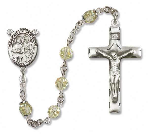 Saints Cosmas and Damian Sterling Silver Heirloom Rosary Squared Crucifix - Zircon
